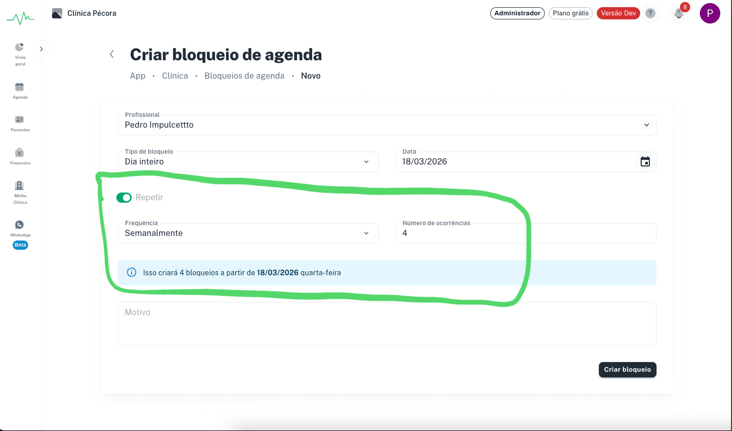 Capa: Novo: bloqueio recorrente de horarios na agenda