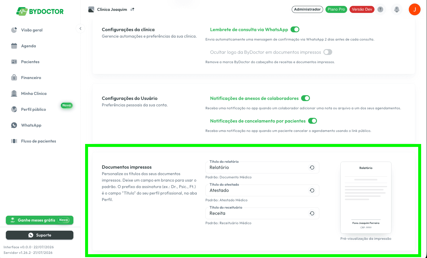 Capa: Novo: documentos impressos com os seus títulos e o seu prefixo de assinatura