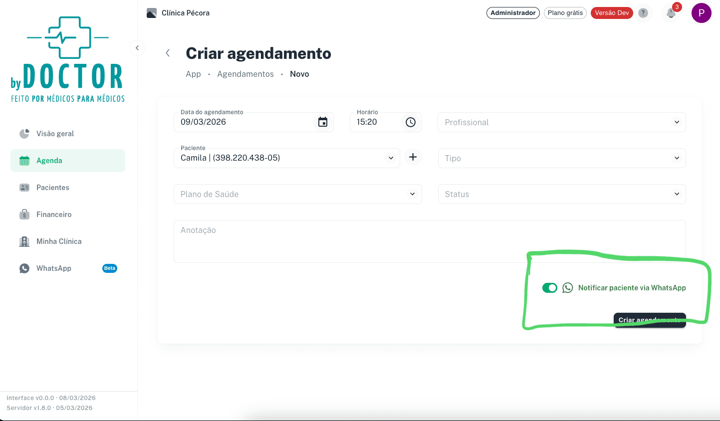 Capa: Novo: notificacao automatica no WhatsApp ao agendar