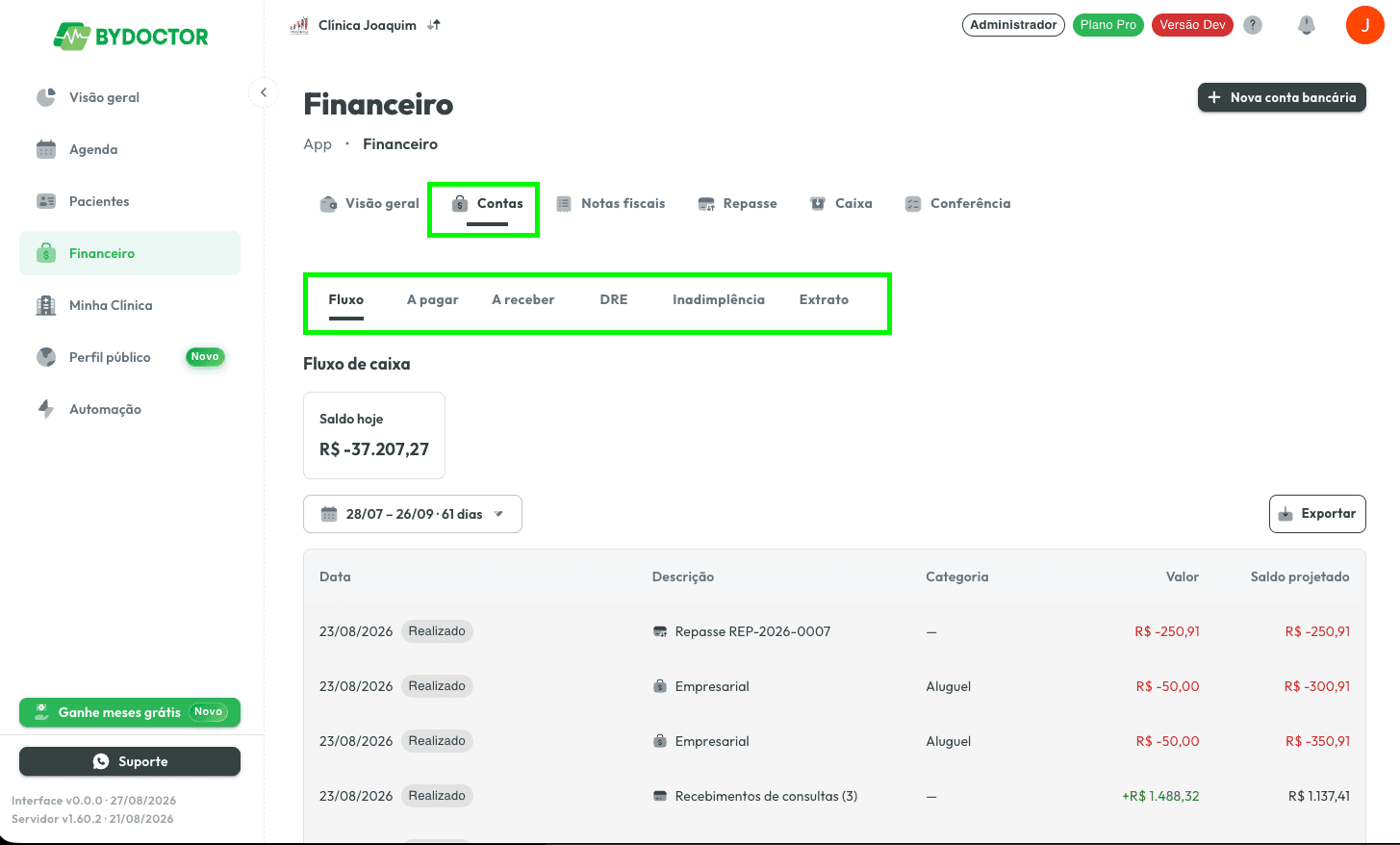 Capa: Novo: o Financeiro completo — fluxo de caixa, contas, DRE, repasse e caixa do dia