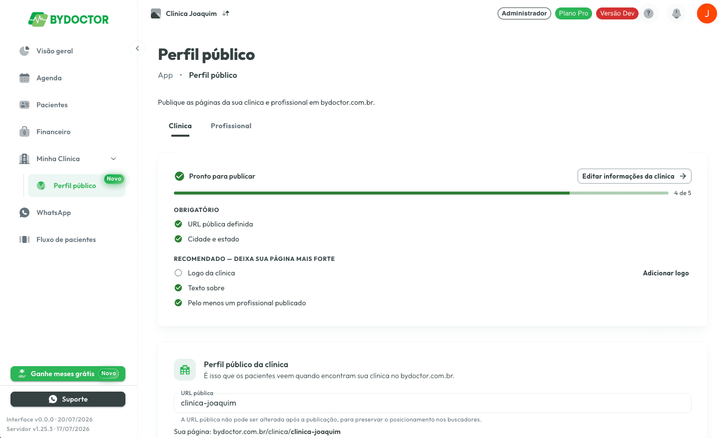 Abra Perfil público e complete o checklist da clínica e do profissional