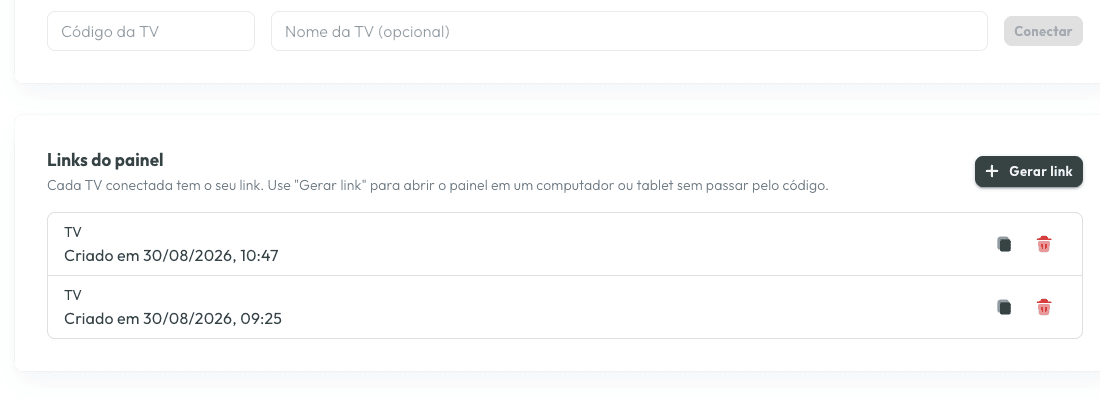 Digite o código em Minha Clínica → Painel de chamada → Conectar TV