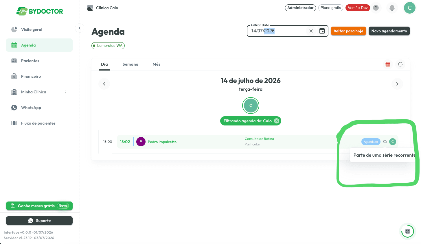 Filtre a agenda para ver só um profissional