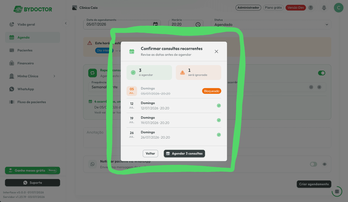 Revise as datas no diálogo de confirmação
