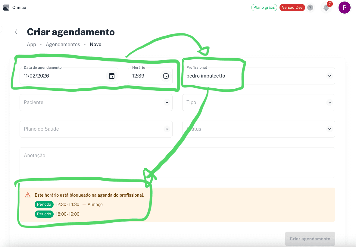 Confira o aviso ao agendar e gerencie bloqueios existentes