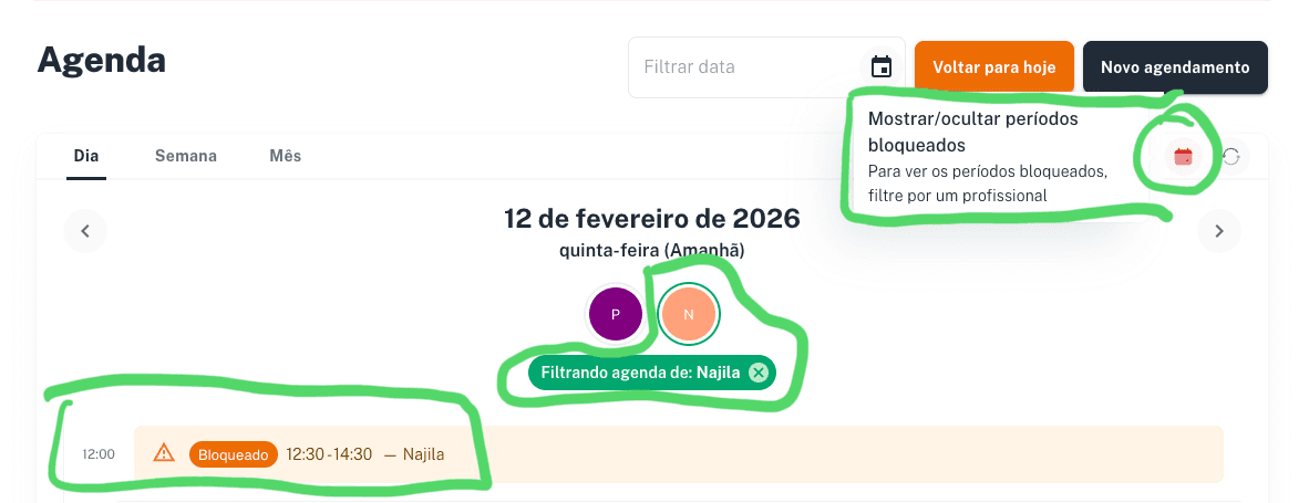 Veja o bloqueio na Agenda, filtrando por profissional