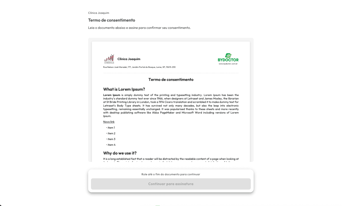 O paciente abre o link e lê o documento até o fim