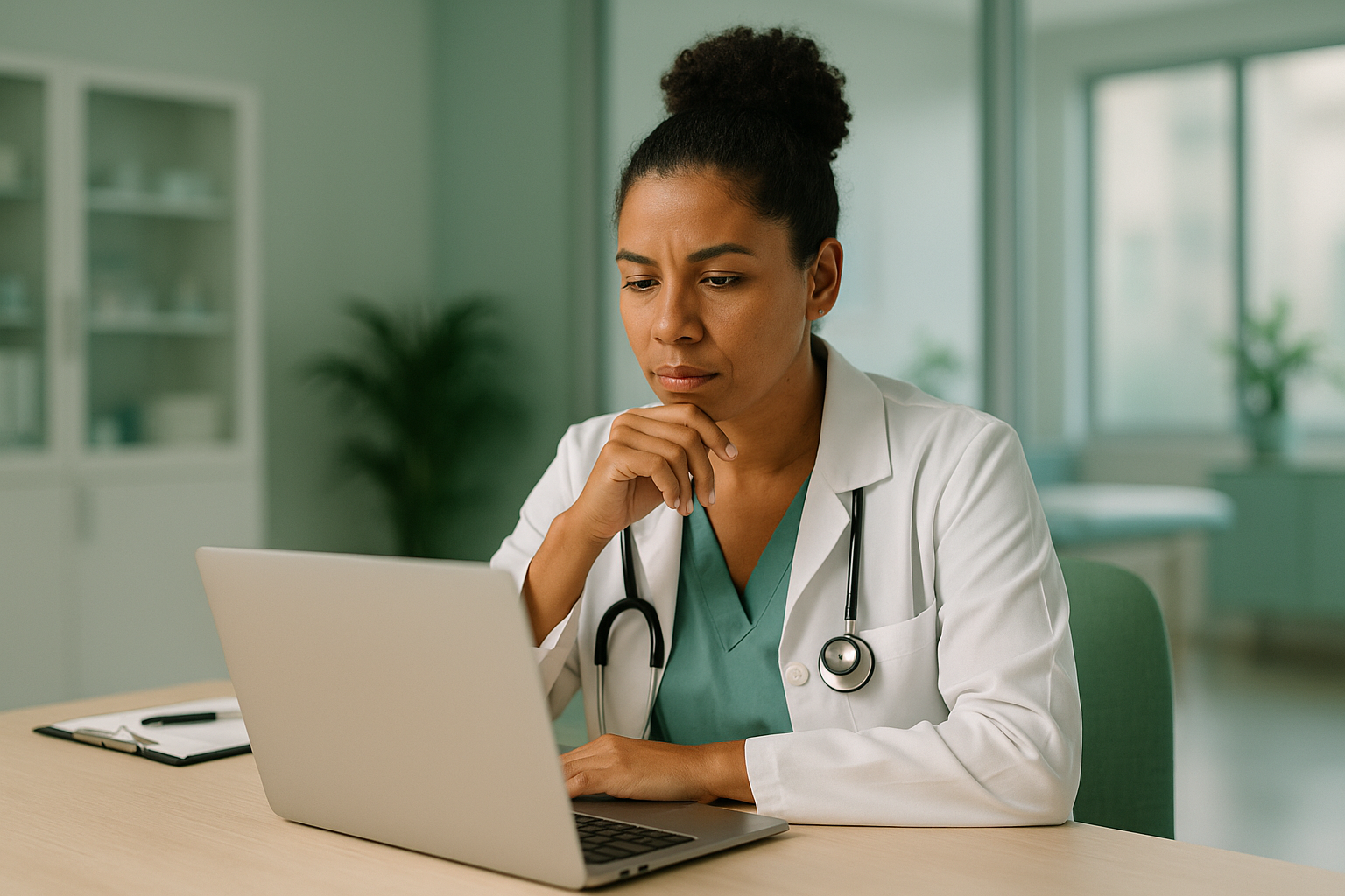 Profissional de saúde analisando sistema de gestão para clínica em laptop