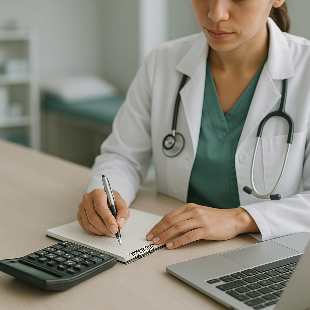 Calculadora e planilha de custos de sistema de gestão sobre mesa de clínica