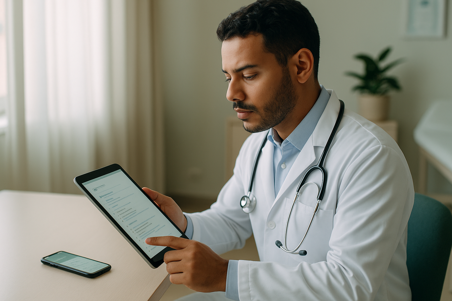 Médico revisando anamnese digital do paciente em tablet antes da consulta