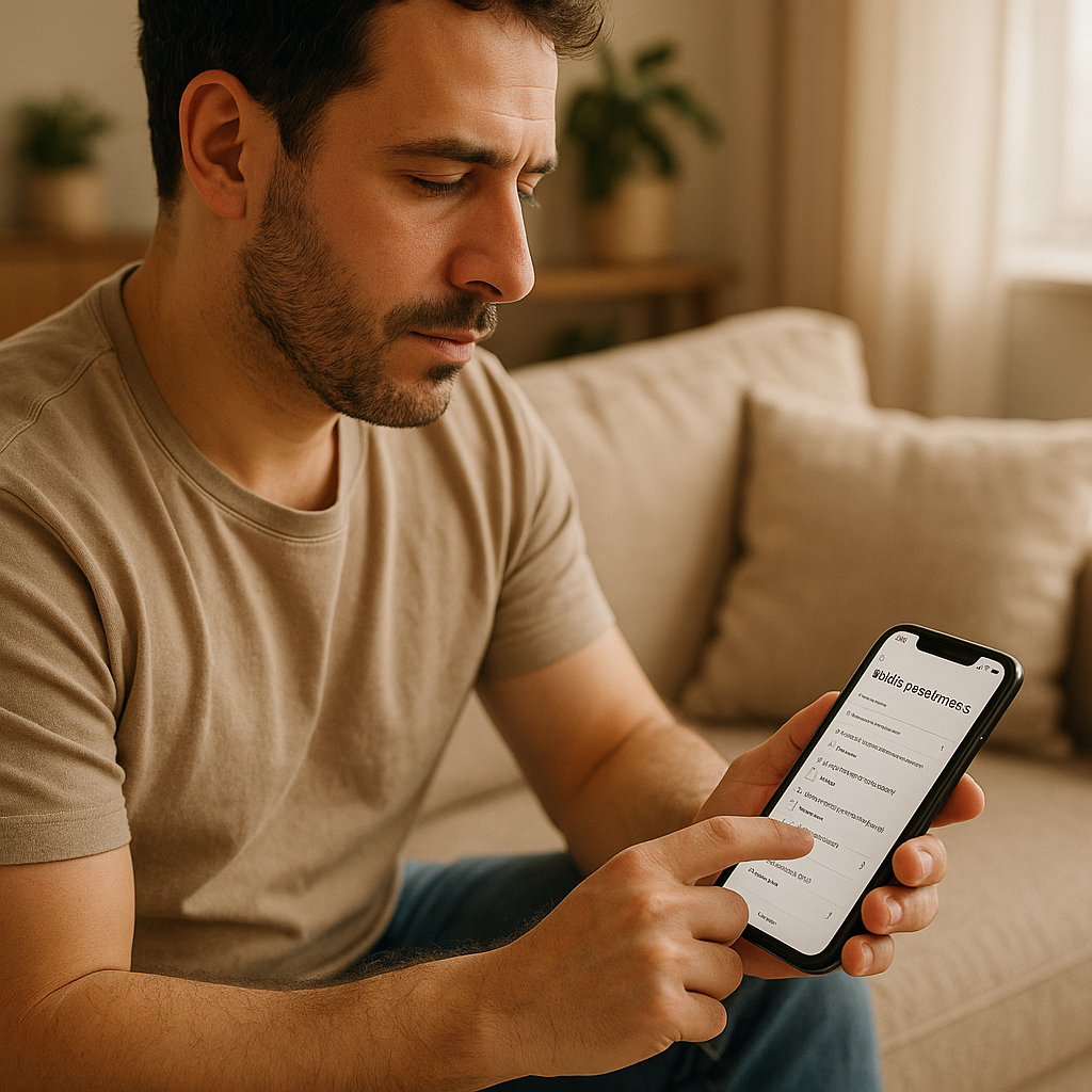 Paciente preenchendo formulário de anamnese digital pelo smartphone em casa