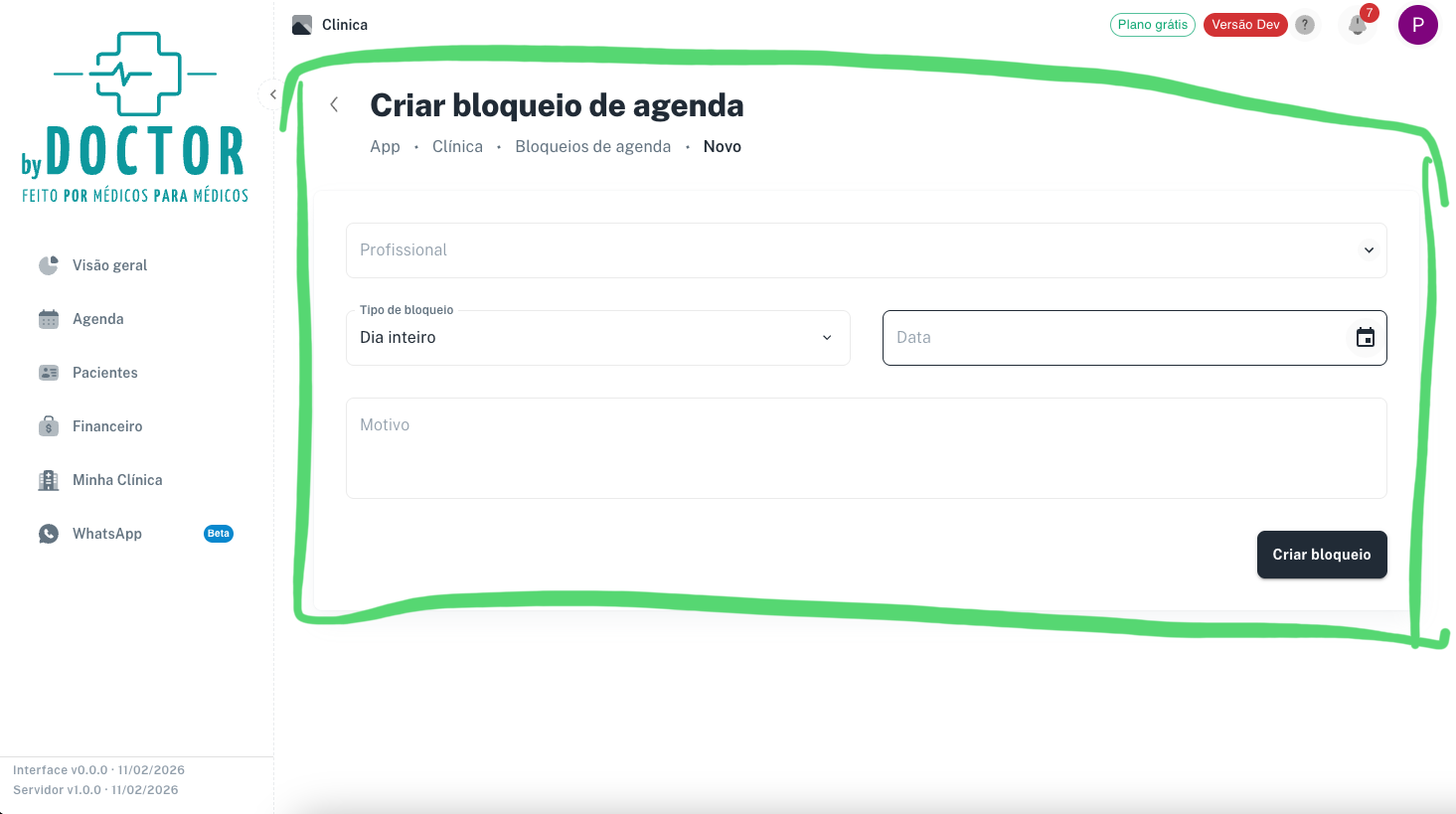 Formulário de criação de novo bloqueio de agenda com campos para tipo de bloqueio, data, horário inicial e horário final