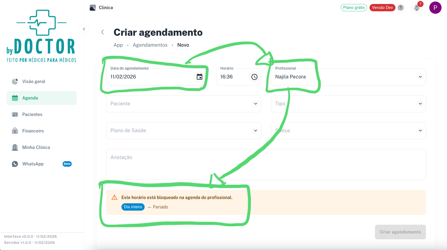 Alerta do sistema informando que o dia selecionado está completamente bloqueado e solicitando confirmação para prosseguir