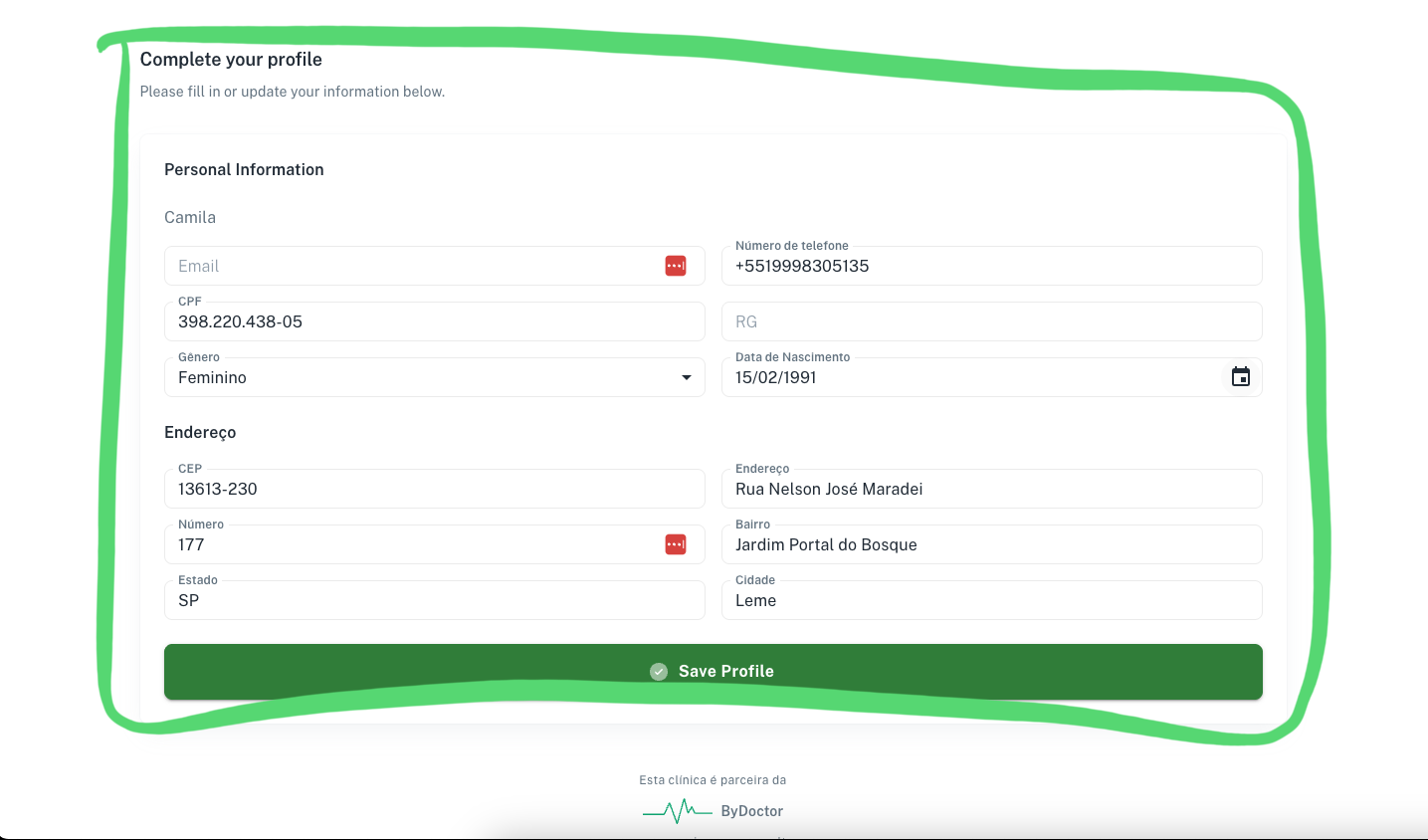 Pagina de preenchimento de dados do paciente acessada pelo celular com campos de informacoes pessoais