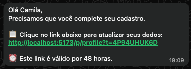 Mensagem no WhatsApp com link para o paciente completar seus dados cadastrais
