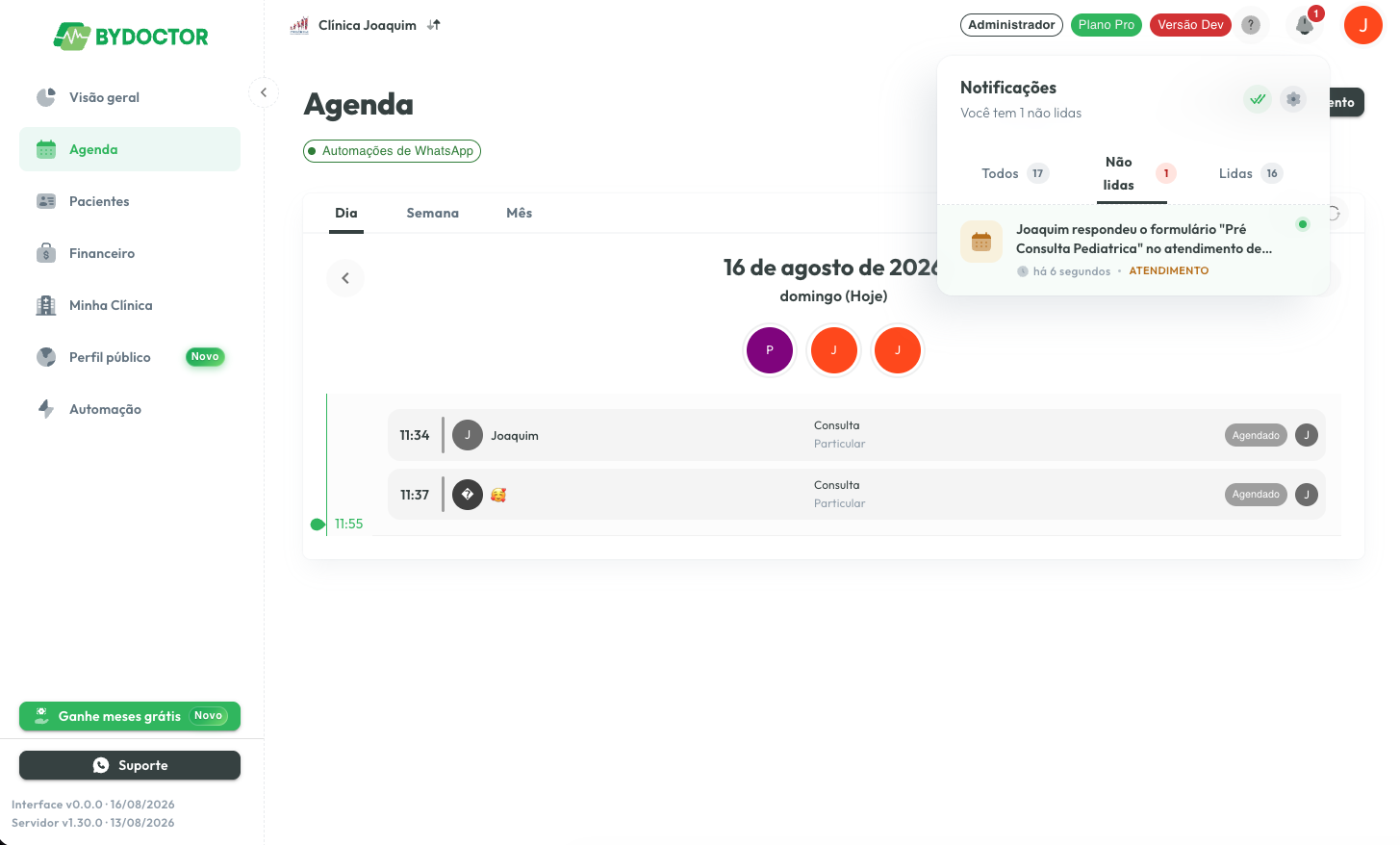 Painel de notificações mostrando que o paciente respondeu o formulário