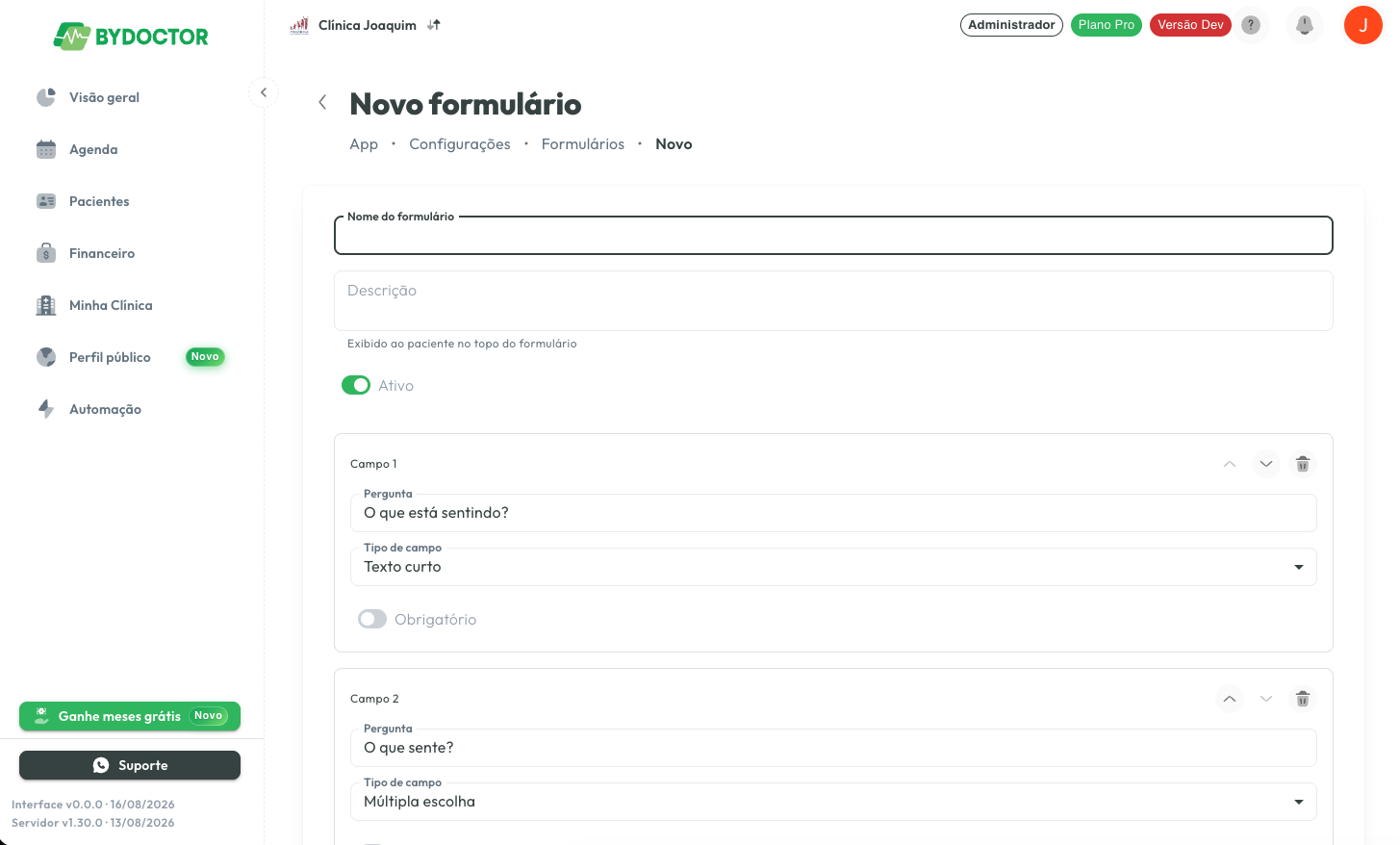 Construtor de formulário com nome, descrição e as primeiras perguntas