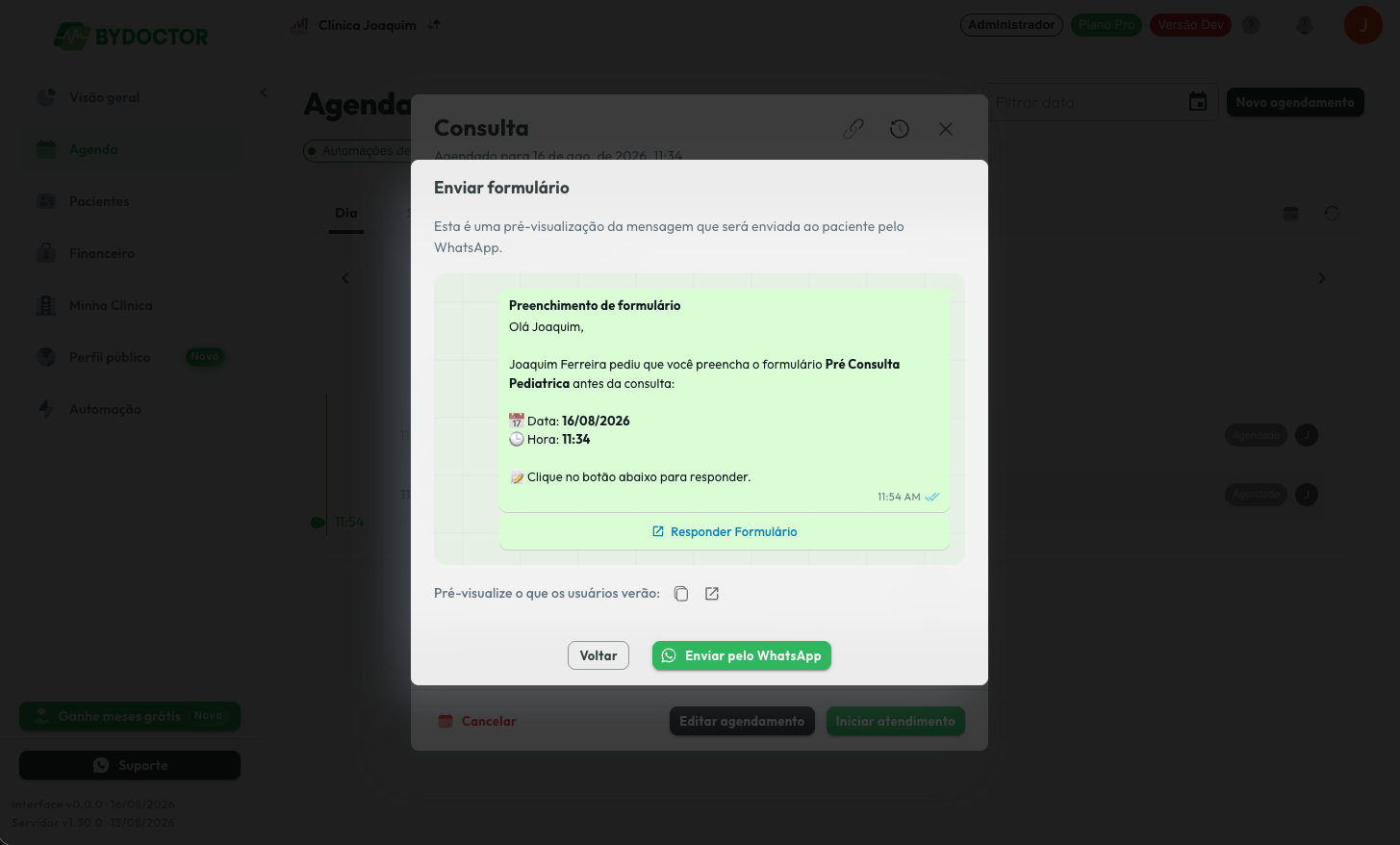 Prévia da mensagem de WhatsApp com o botão que abre o formulário
