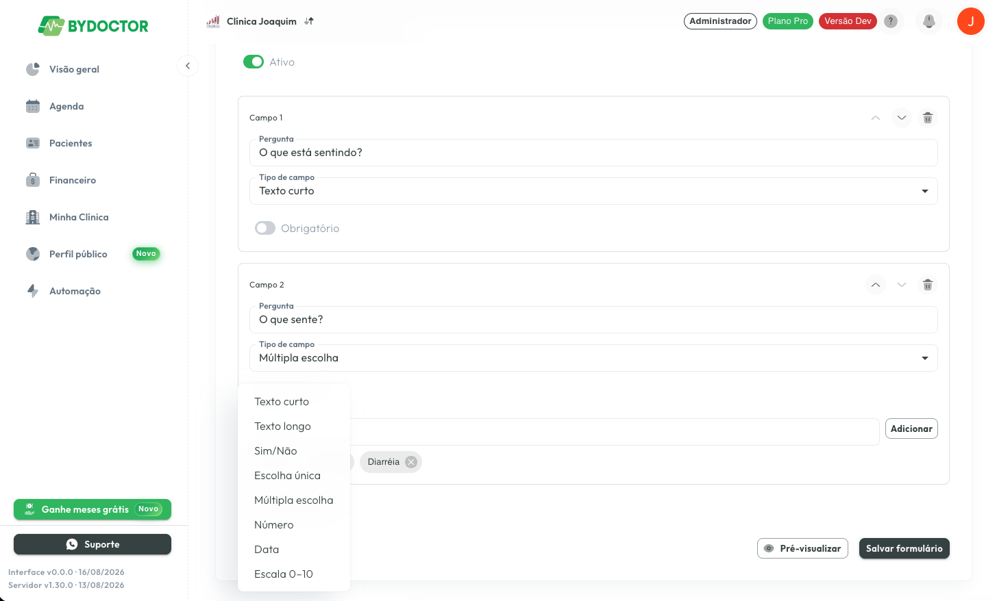 Lista de tipos de campo aberta, mostrando os oito tipos disponíveis