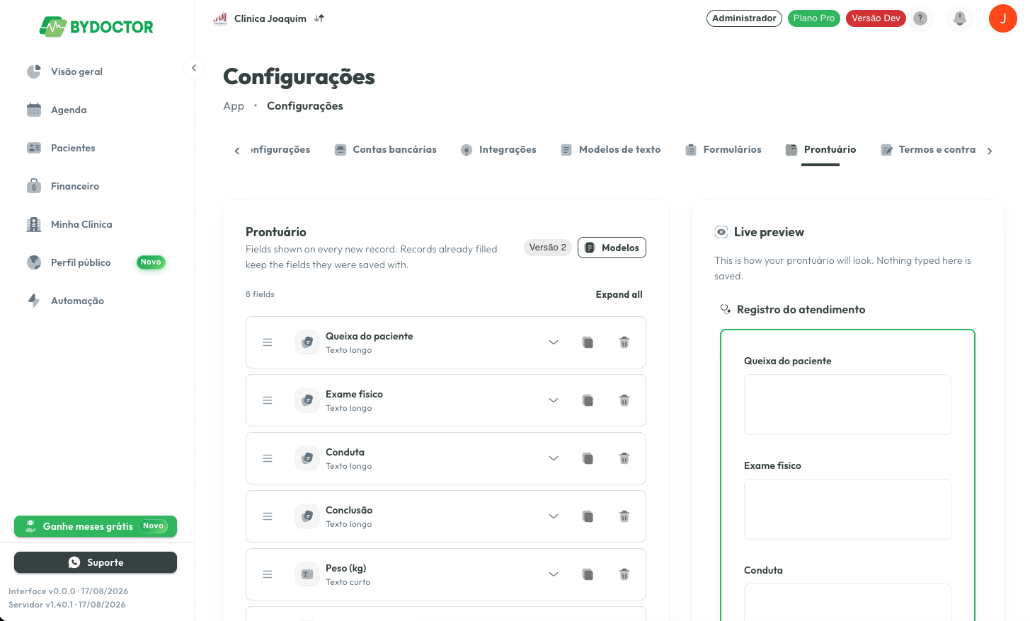 Aba 'Prontuário' nas Configurações do ByDoctor, com a lista de campos à esquerda e a pré-visualização ao vivo à direita
