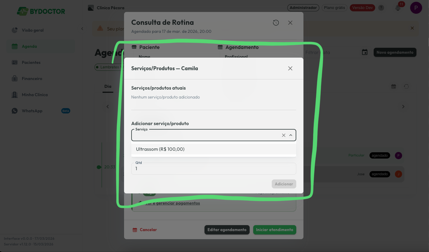 Modal de criacao de servico com campos para nome, descricao, valor e categoria