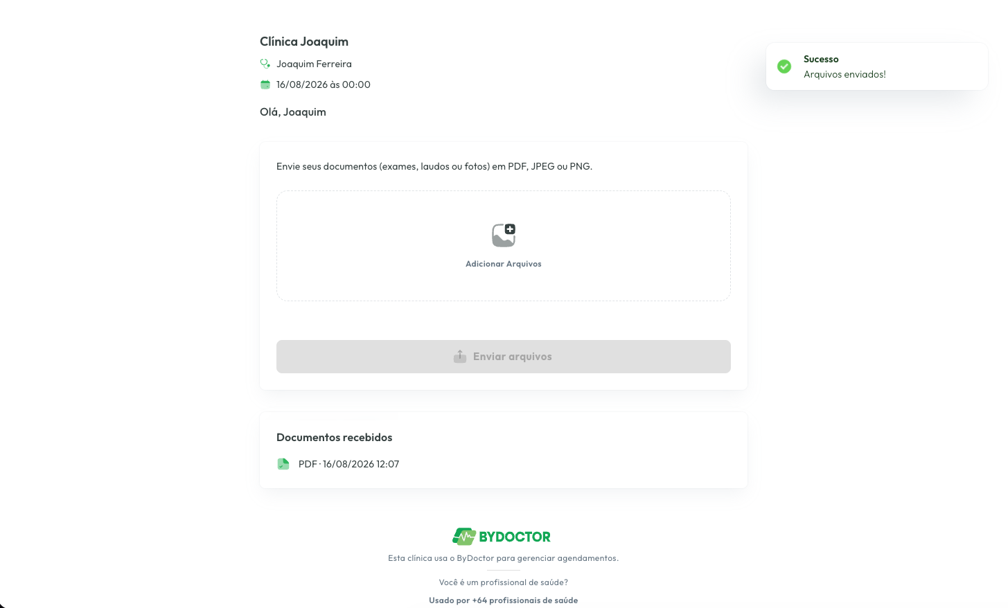 A página depois do envio, listando os documentos já recebidos