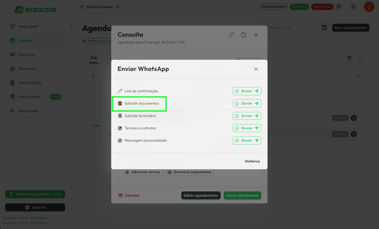 Painel de WhatsApp do atendimento com a linha 'Solicitar documentos'
