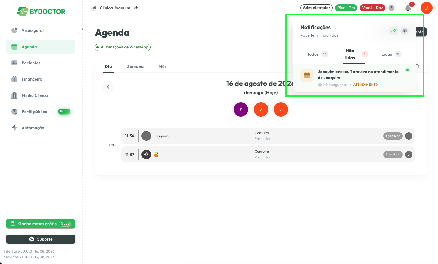 Painel de notificações mostrando que o paciente anexou um arquivo