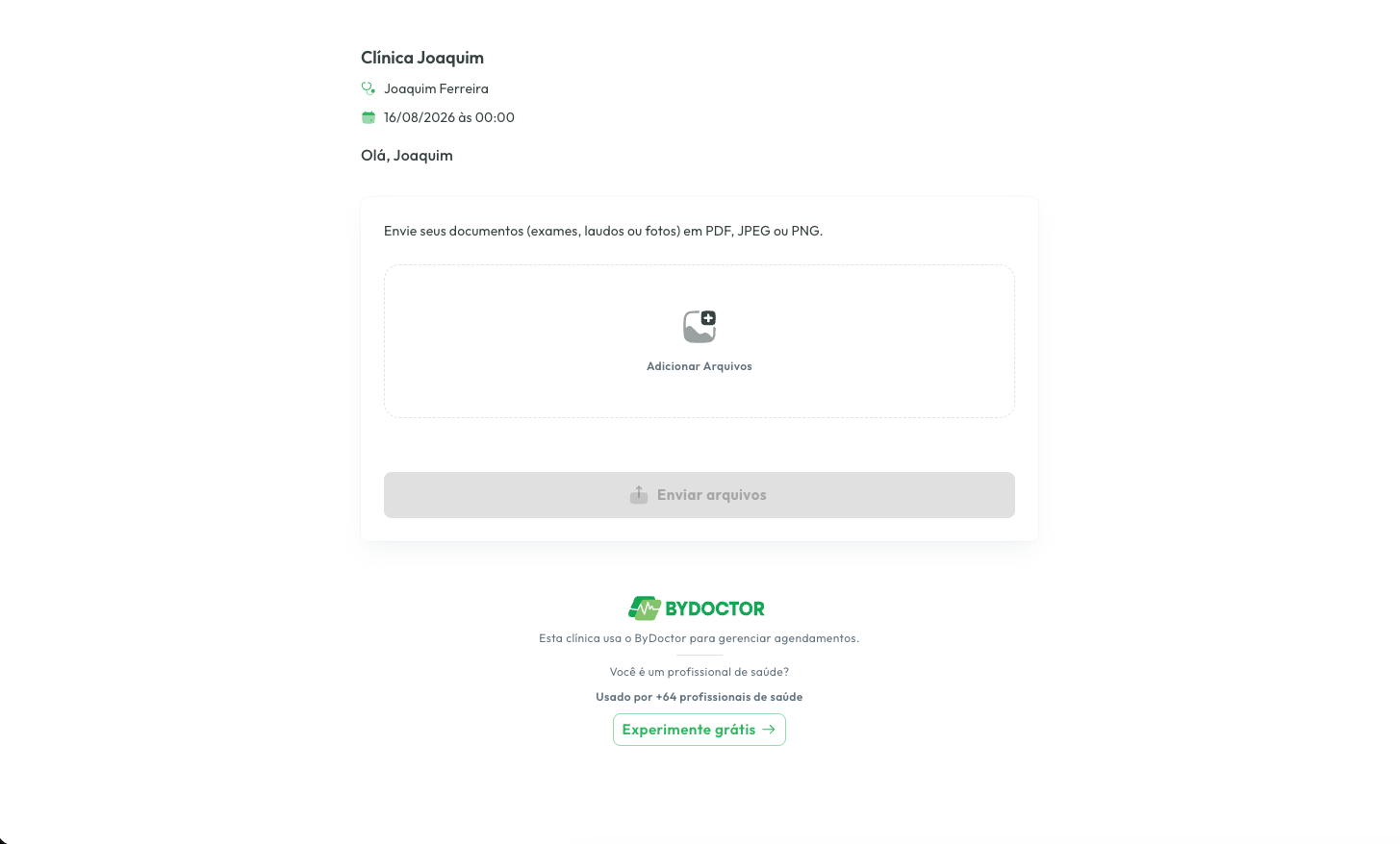 A página de envio como o paciente vê, com a área 'Adicionar arquivos'