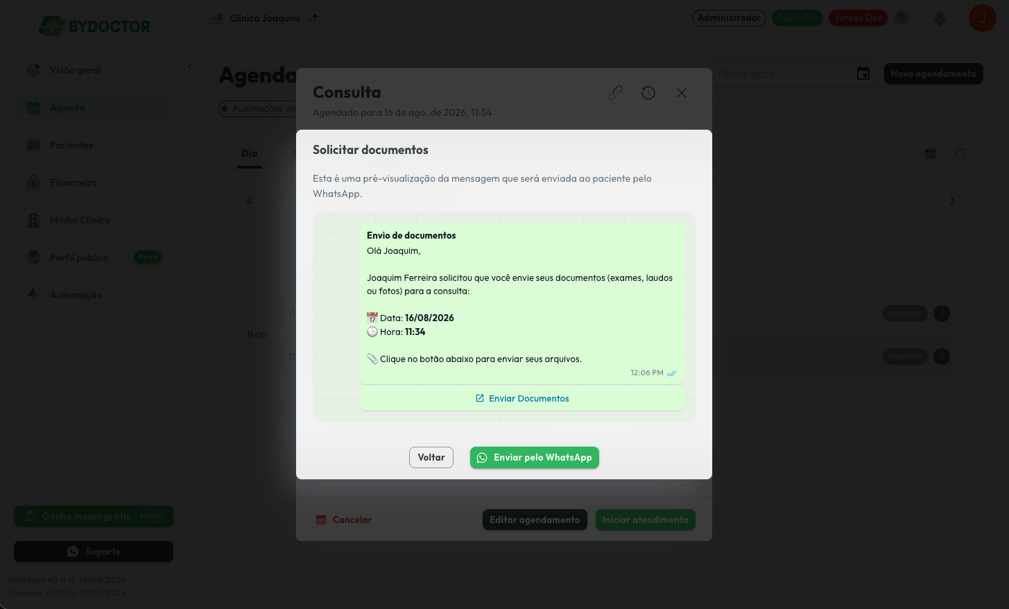 Prévia da mensagem de WhatsApp com o botão que abre a página de envio