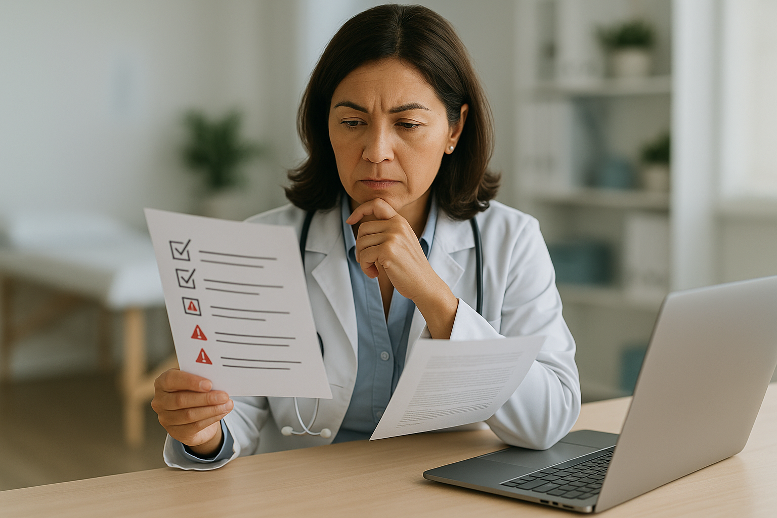Gestora de clínica revisando checklist de critérios para escolher um software de gestão