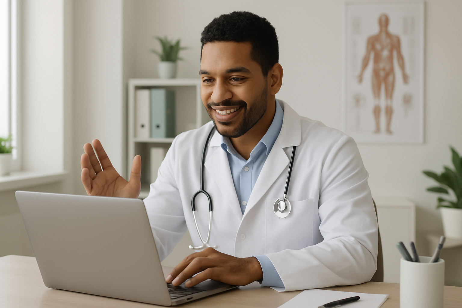 Médico realizando teleconsulta pelo software médico da clínica em consultório