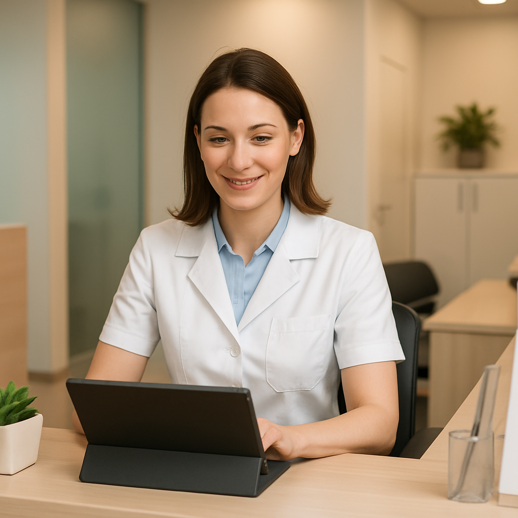 Recepcionista acessando painel de sistema de gestão clínica em tablet moderno