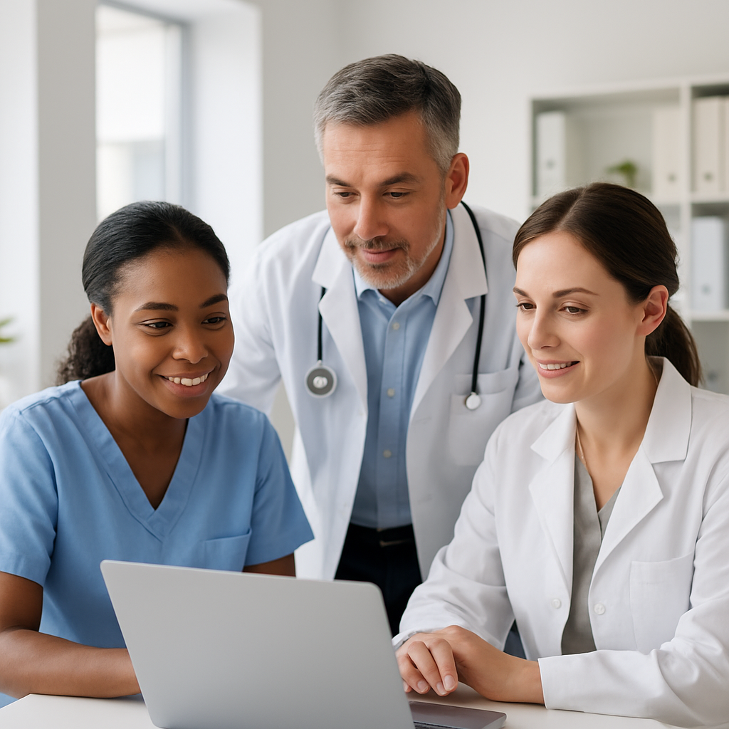Equipe de clínica médica em treinamento para uso de sistema de gestão digital