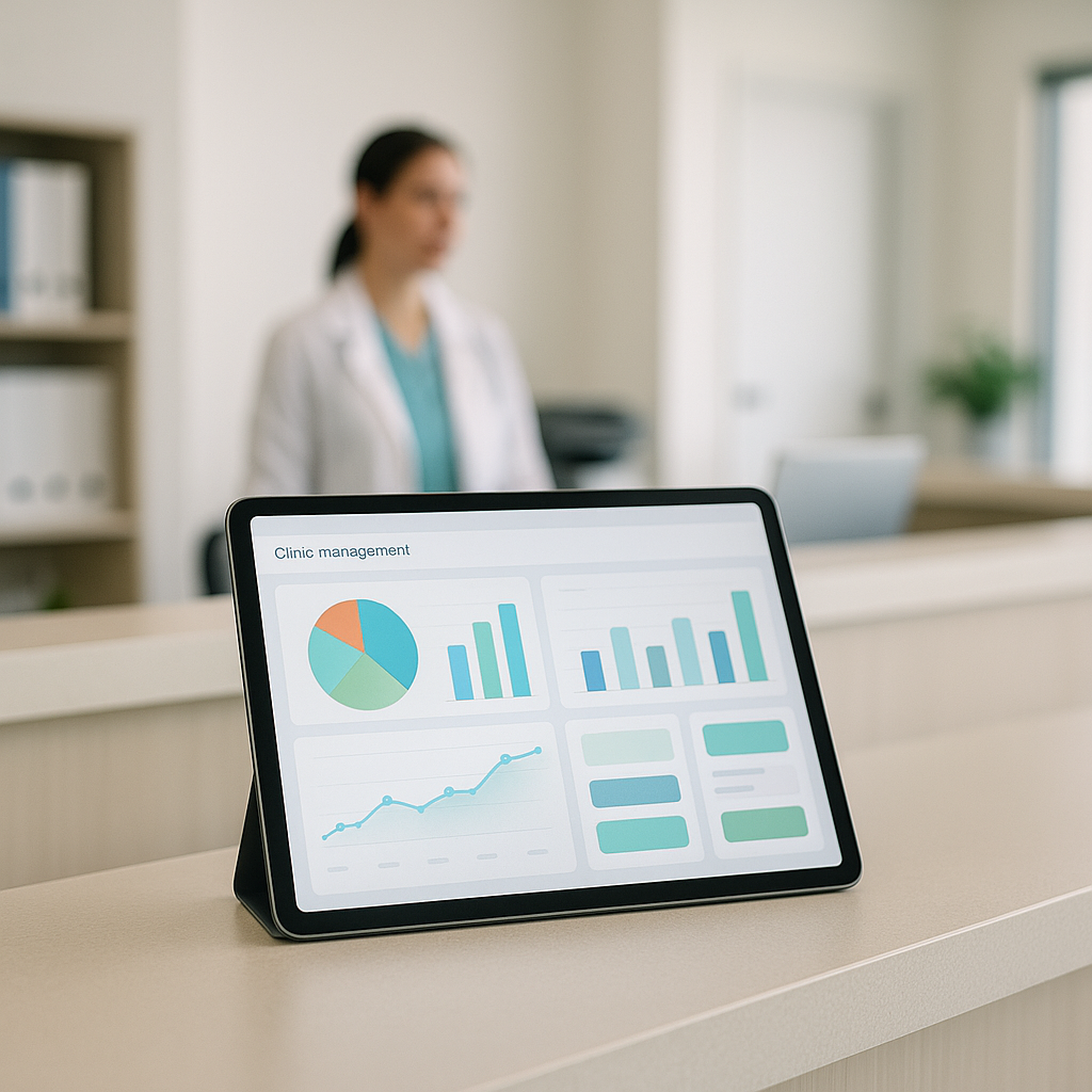 Tela de software de gestão financeira para consultório médico mostrando gráfico de receitas e despesas