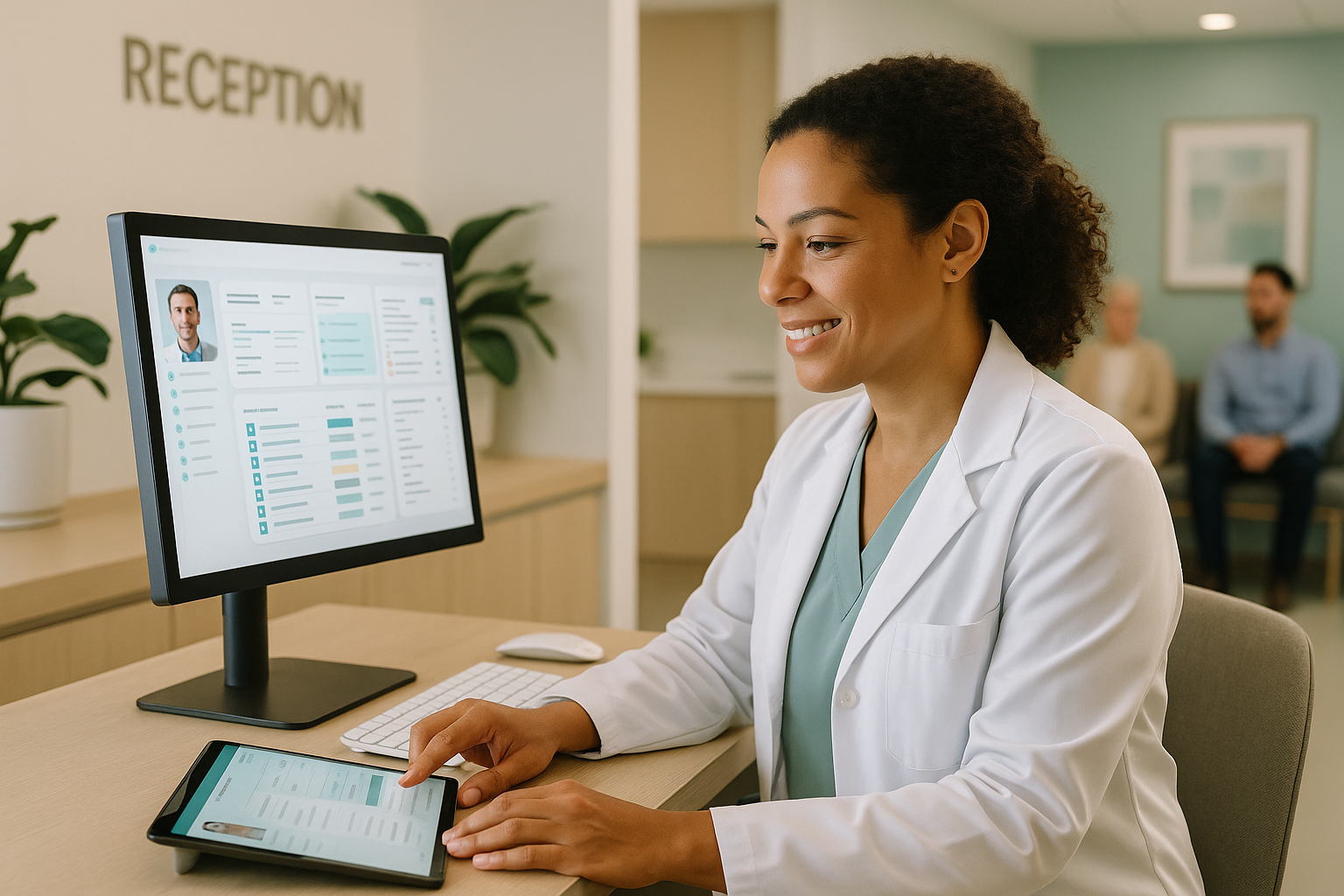 Profissional de saúde usando software de controle de pacientes em consultório médico moderno