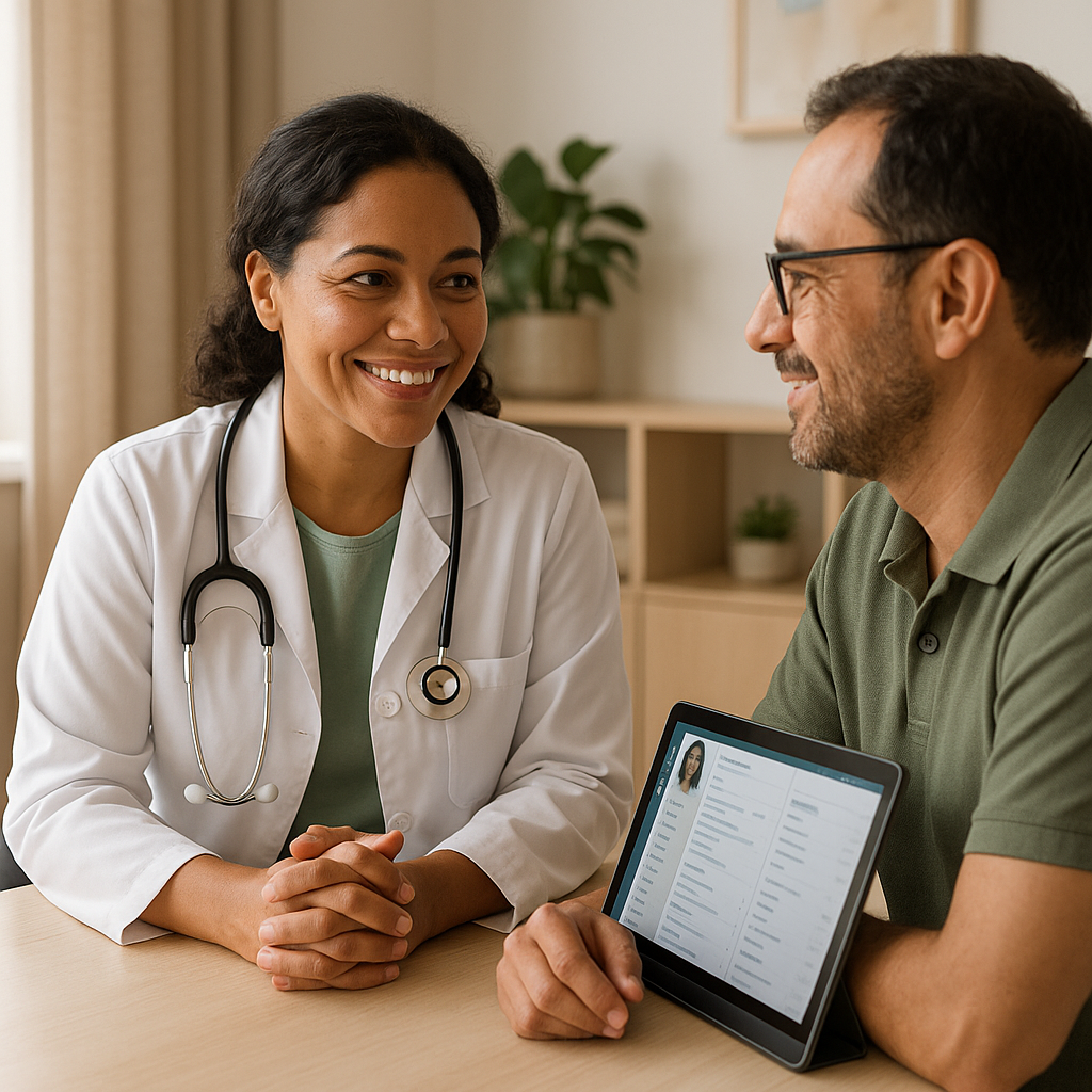 Médica revisando prontuário eletrônico no tablet durante consulta com paciente em consultório moderno