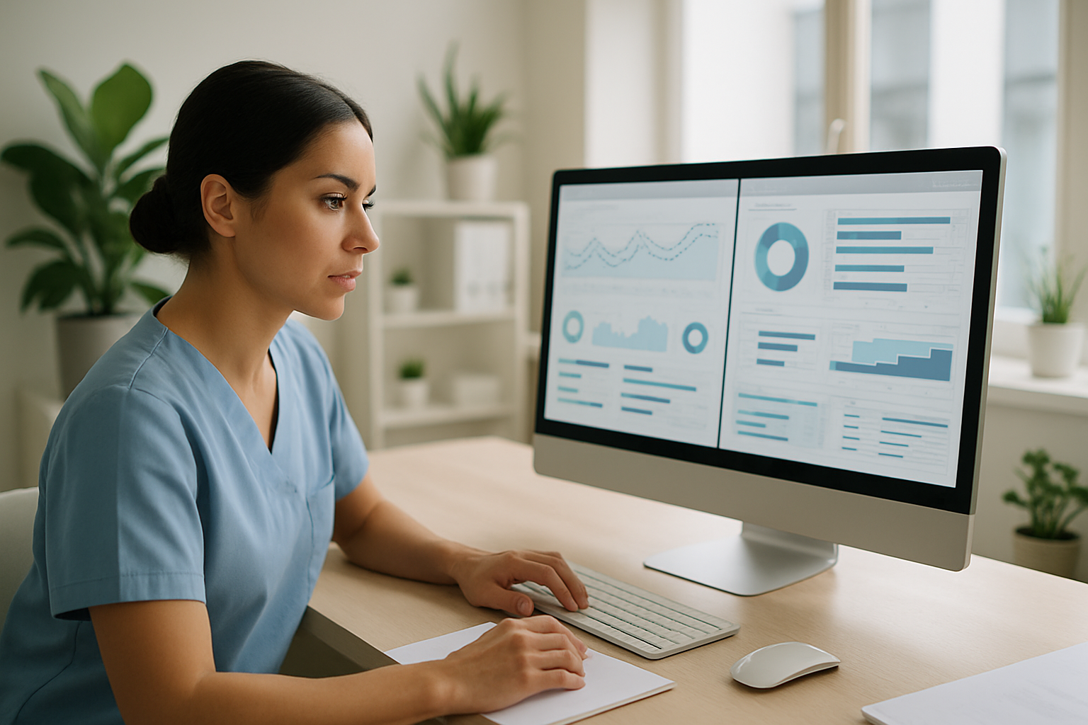 Profissional de saúde revisando painel de gestão e CRM médico em tablet em consultório moderno