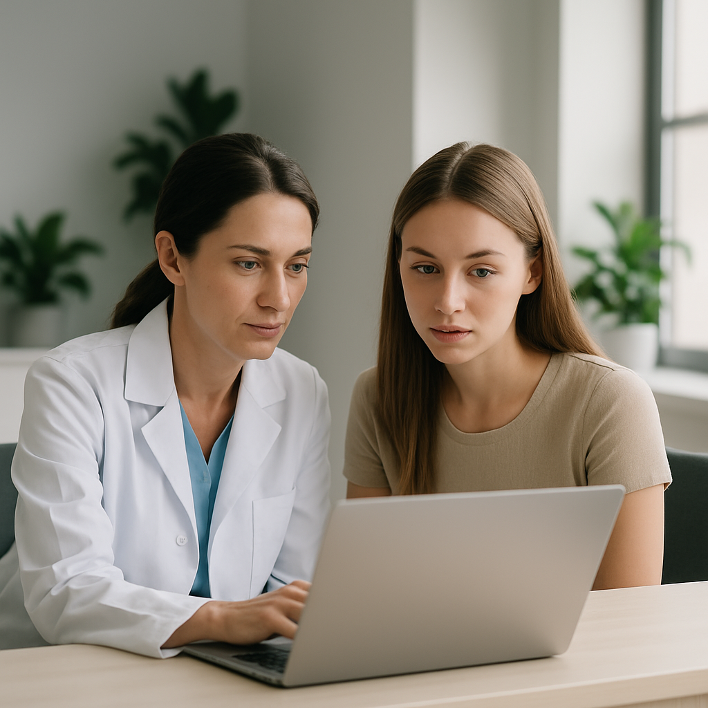 Médico e recepcionista analisando dados de pacientes em laptop em clínica moderna com decoração clean