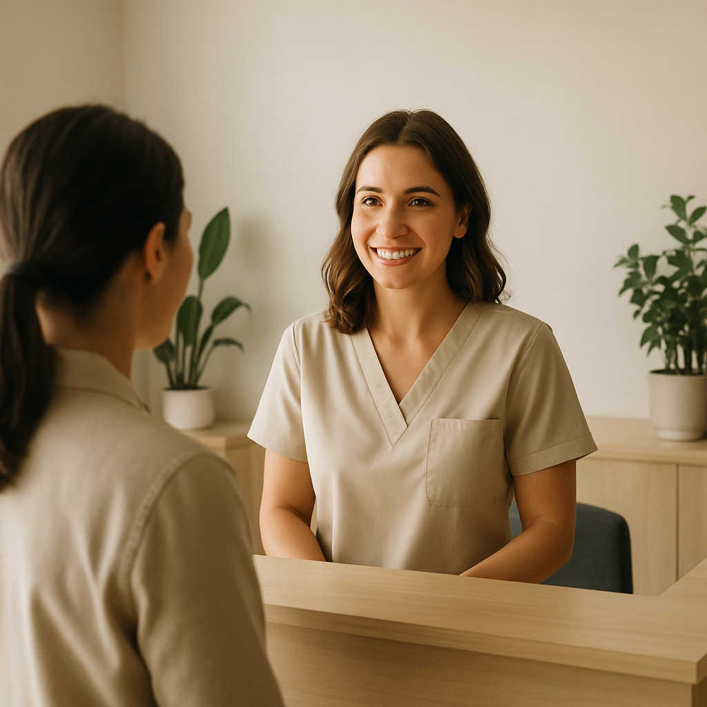Recepcionista acolhendo paciente que retorna à clínica médica com atendimento caloroso em recepção moderna