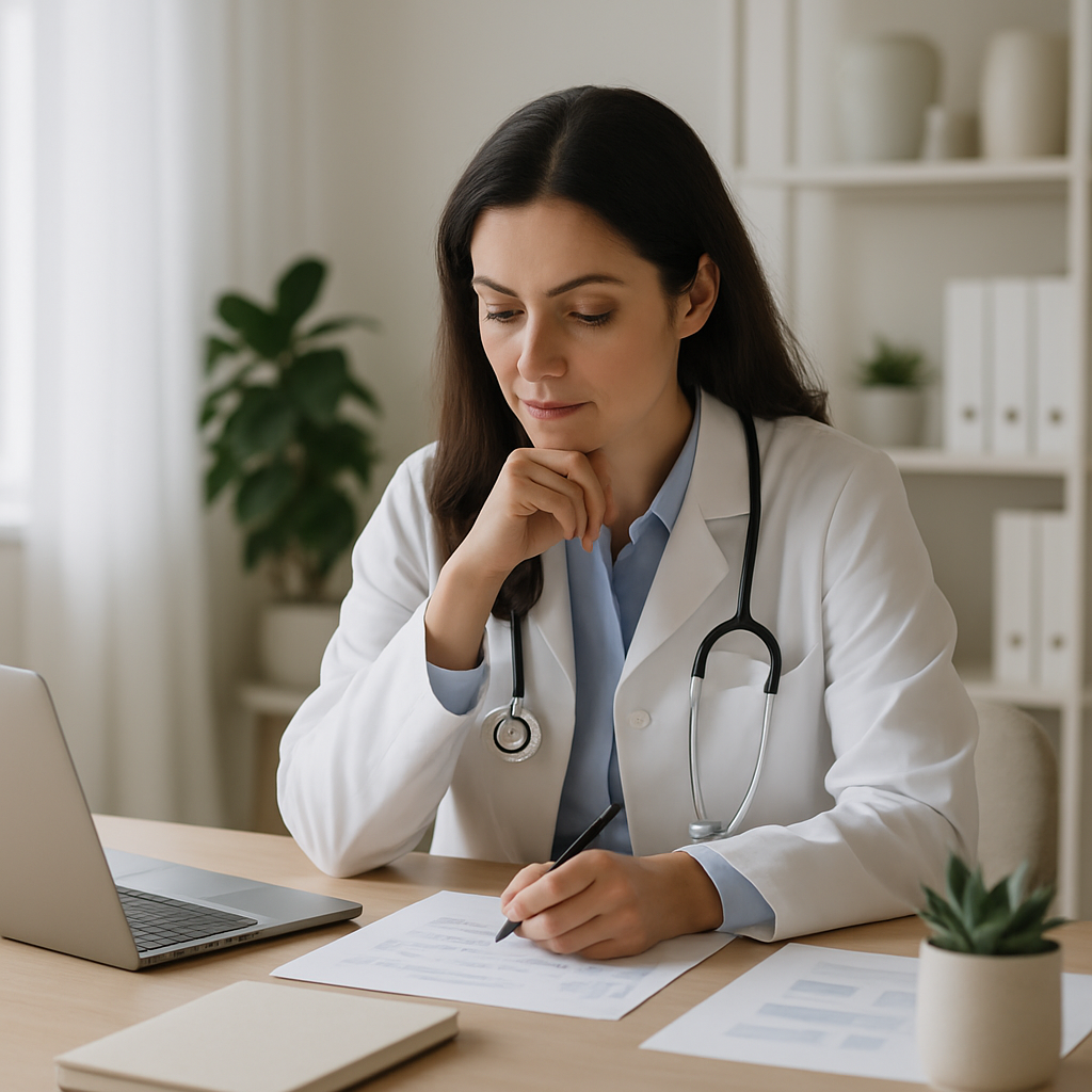 Médica planejando campanha de comunicação da clínica em ambiente de trabalho organizado