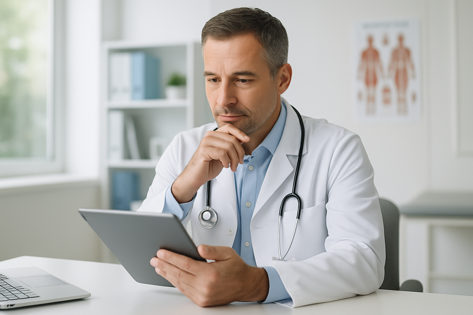 Médico em consultório analisando prontuário eletrônico em tablet — momento de decisão sobre upgrade de sistema