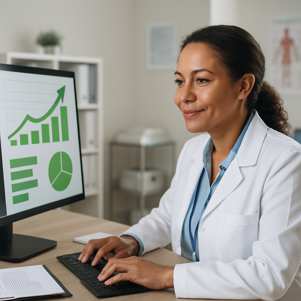 Dashboard financeiro de consultório médico mostrando redução de faltas e aumento de receita após upgrade de prontuário