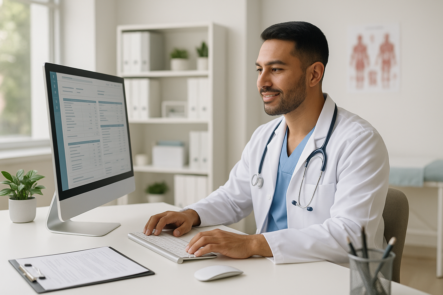 Profissional de saúde processando faturamento TISS eletrônico em computador em clínica médica moderna