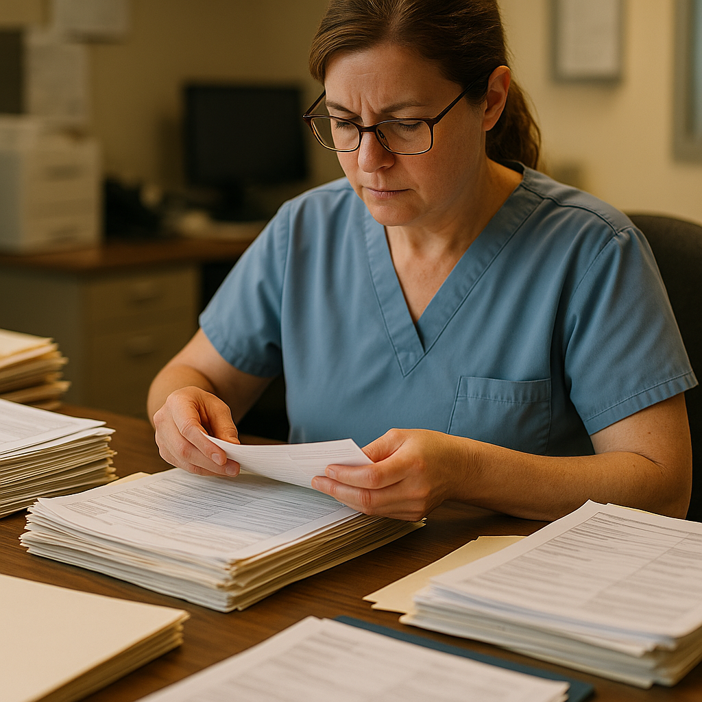 Pilha de guias médicas em papel sendo processadas por equipe de faturamento em clínica