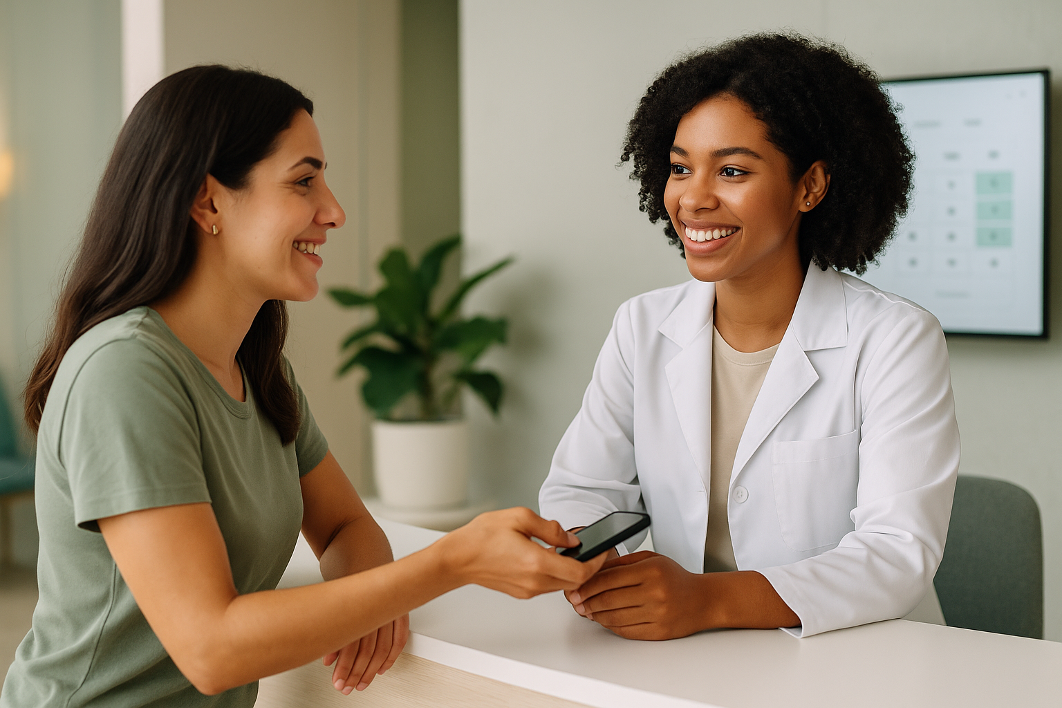 Médico e paciente consultando agenda de atendimento em tablet moderno