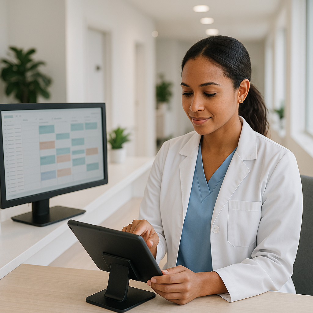 Recepcionista em clínica moderna com computador e agenda digital aberta