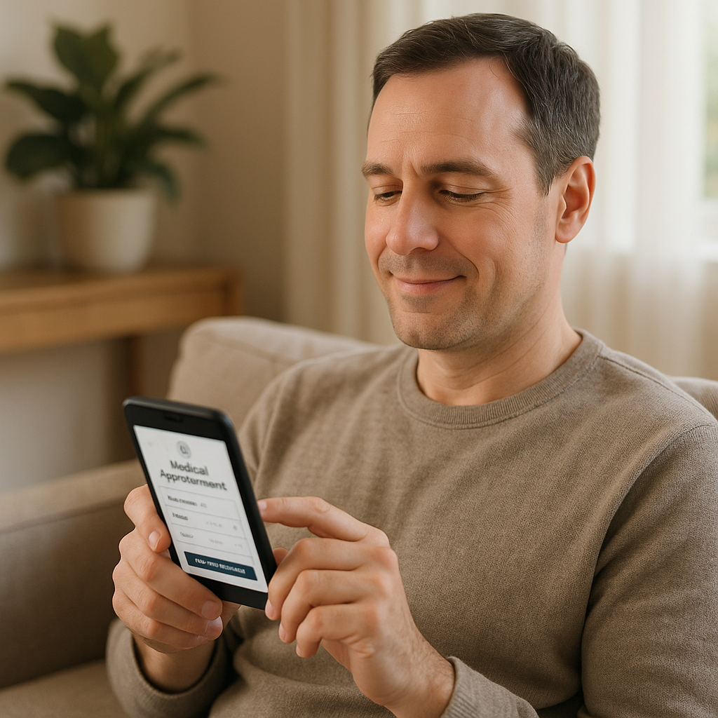 Paciente agendando consulta médica pelo smartphone com interface de agendamento online