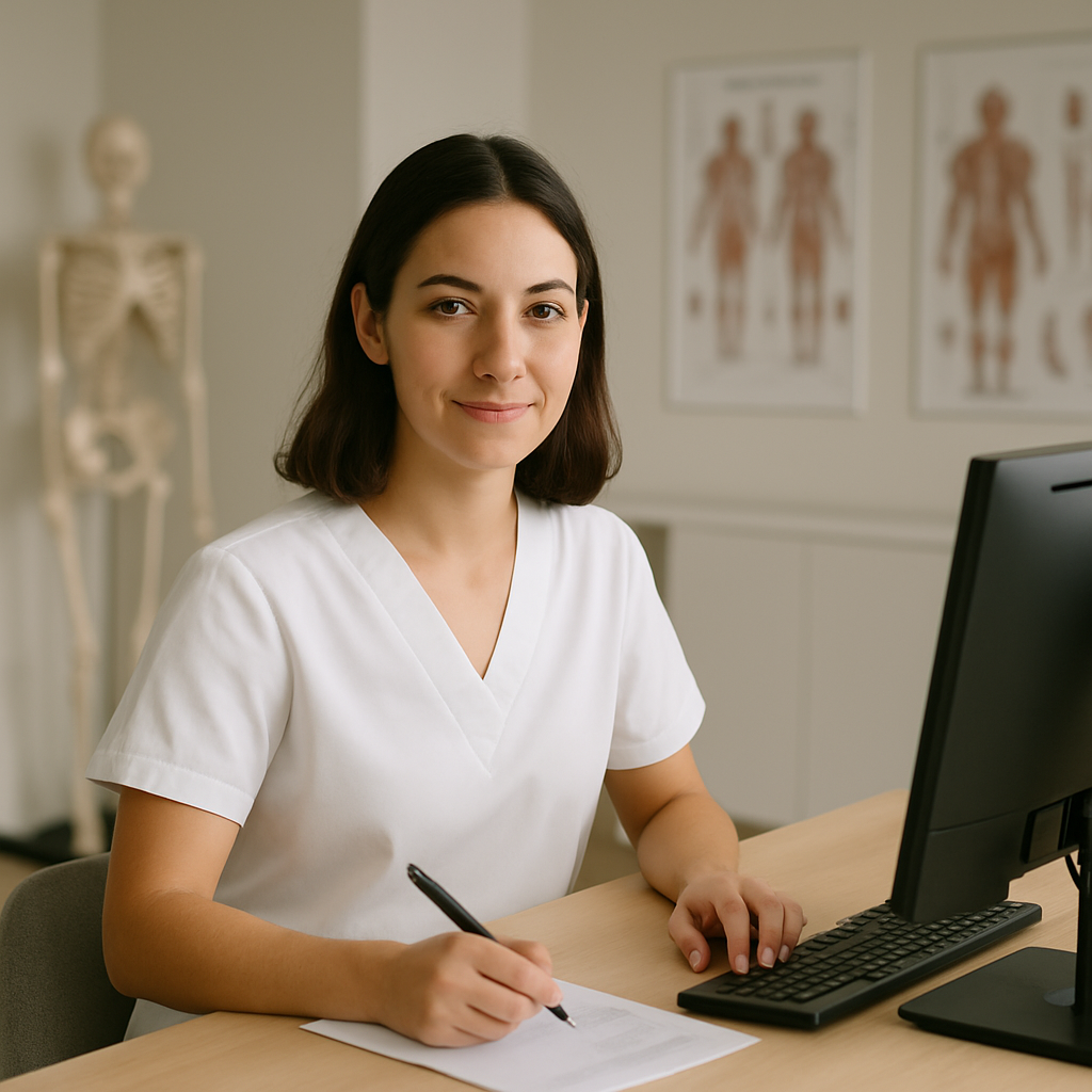 Recepcionista de clínica de fisioterapia organizando agenda em tela de computador