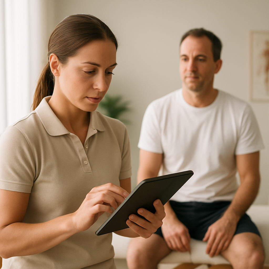 Fisioterapeuta registrando evolução de tratamento em tablet ao lado de paciente